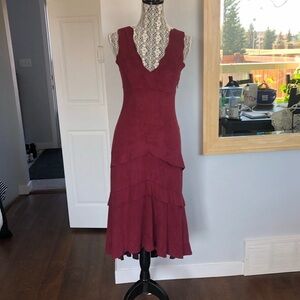 Vintage Bebe Suede Tiered Layered High Low Dress. Small. Burgundy.